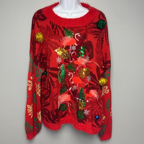 NWT 33 Degrees Flamingo Sequin Pom Pom Bell Ugly Christmas Sweater Womens Sz XL - Picture 1 of 8